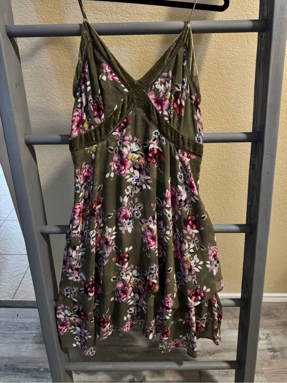 White House Black Market Olive Green Floral High-Low Slip Dress